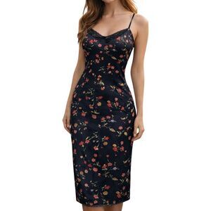 Ghost London Small dainty Ditzy floral spaghetti strap black slip dress lace